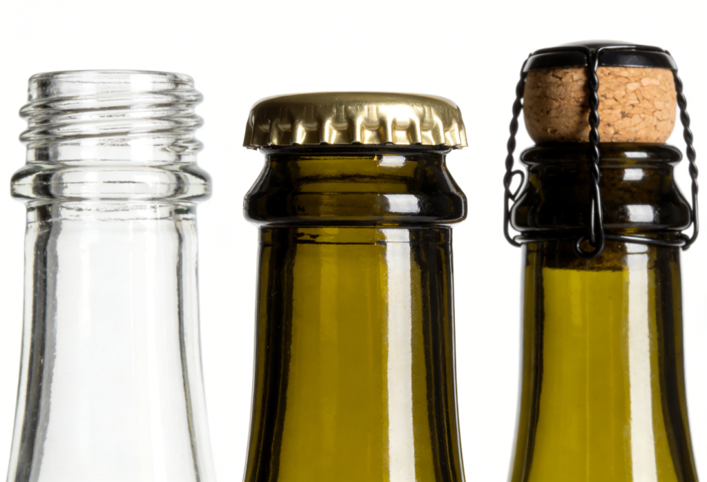 Different glass bottle necks screw cap, crown cap, cork stopper