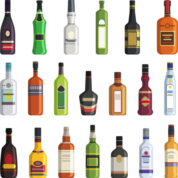 Liqueur, whiskey, vodka and other bottles of alcoholic drinks.