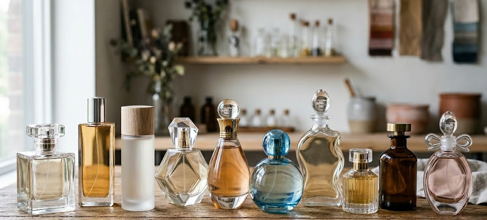 A variety of elegant glass perfume bottle shapes