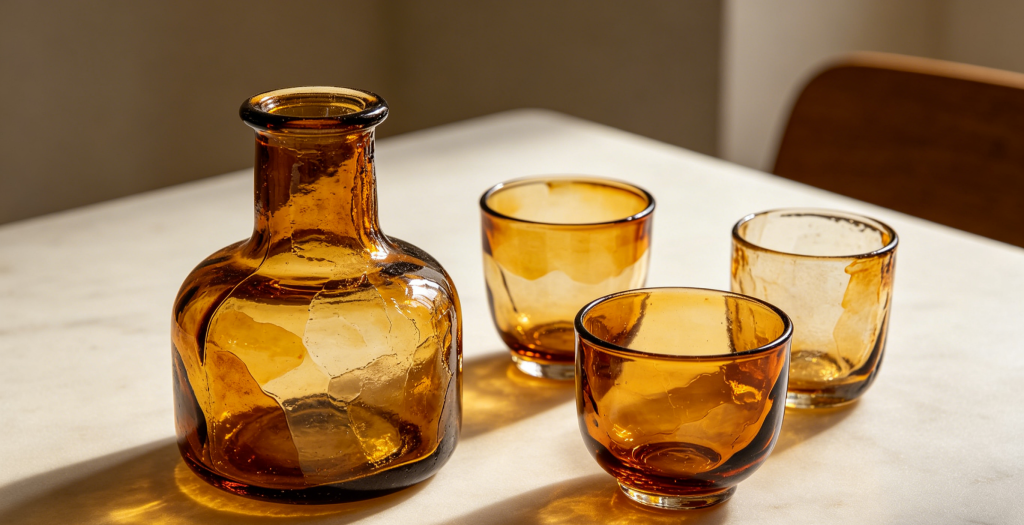 Amber-colored glassware, made from environmentally friendly materials