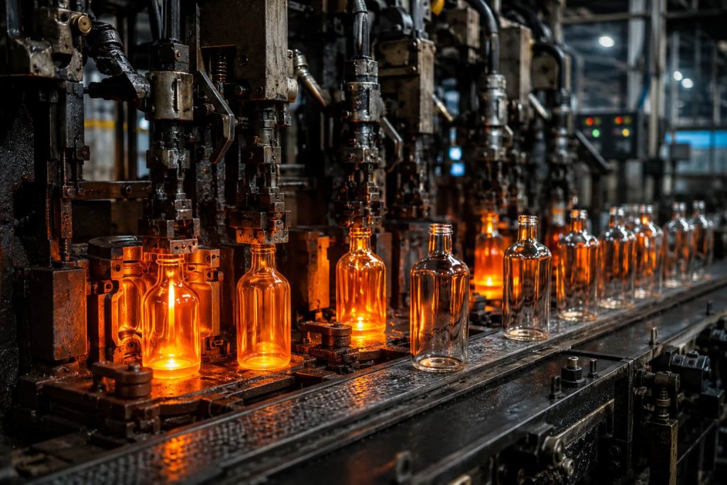 Custom molded glass bottles being manufactured in a glass factory