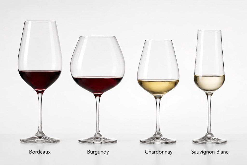 Bordeaux, Burgundy, Chardonnay, and Riesling wine glasses