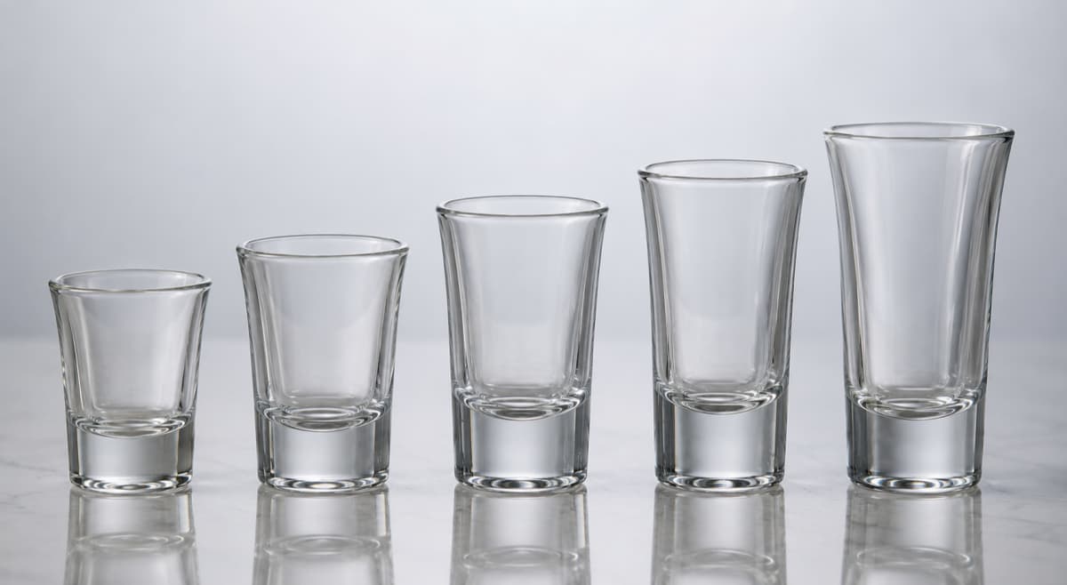 Different shot glass sizes in milliliters from 20ml to 50ml