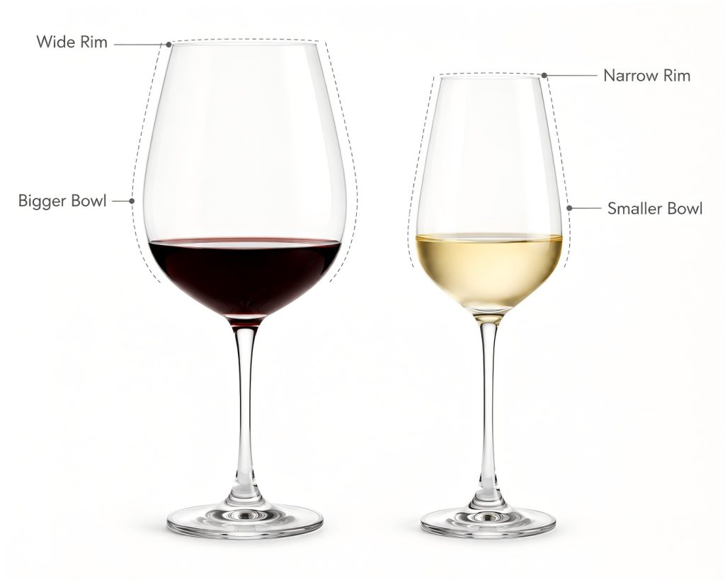 Red vs white wine glass bowl and rim size comparison