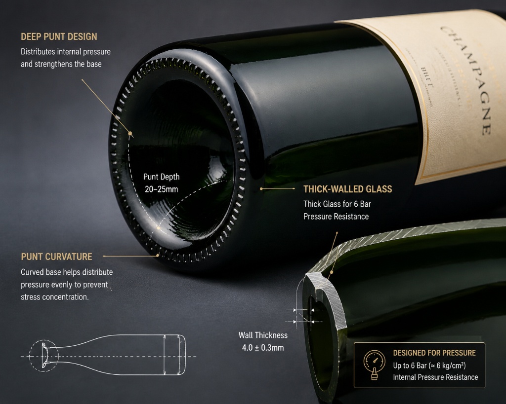 Technical design of champagne glass bottles showing deep punt and 4mm thick wall