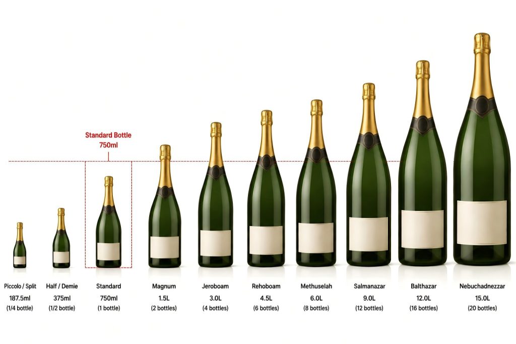 Guia visual de garrafas de champanhe de todos os tamanhos, de 187.5 ml a 15 litros.