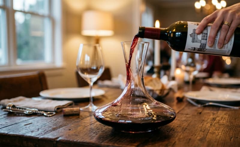 Wide base glass wine decanter for enhancing wine aroma