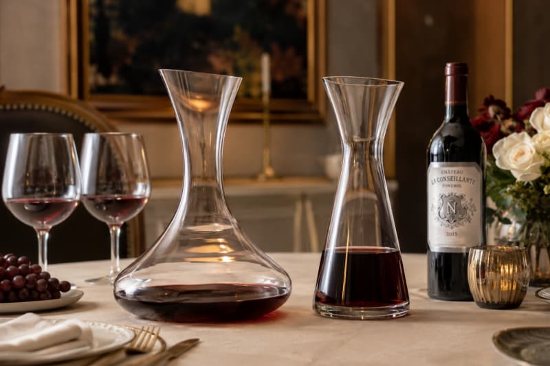 Wine decanter vs wine carafe comparison on an elegant dining table