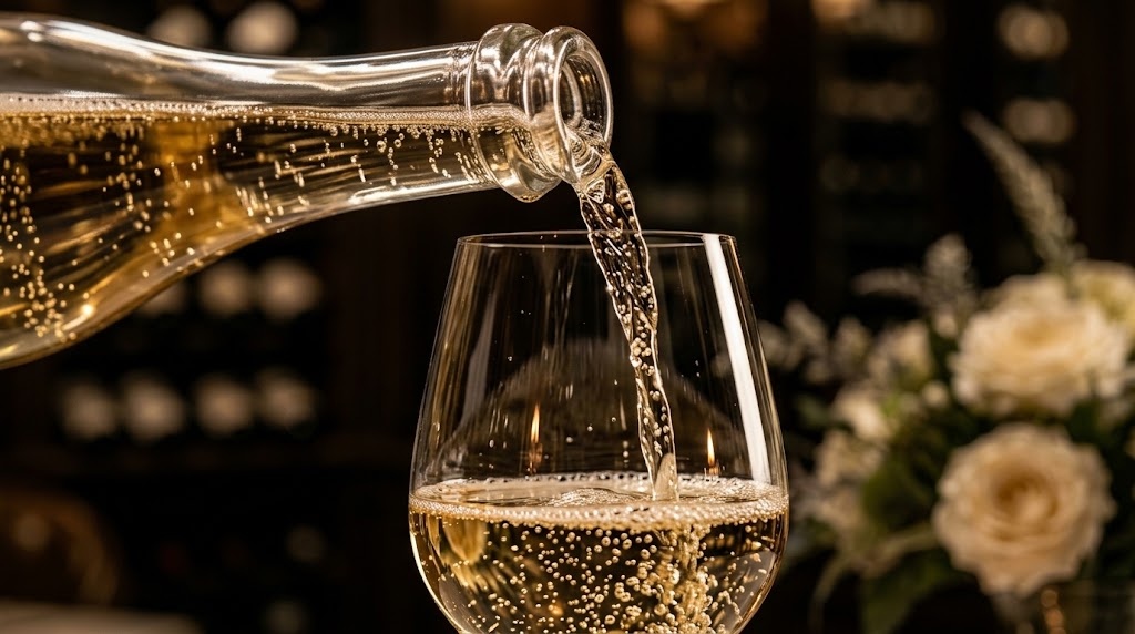 clear extra flint champagne bottle and glass pouring