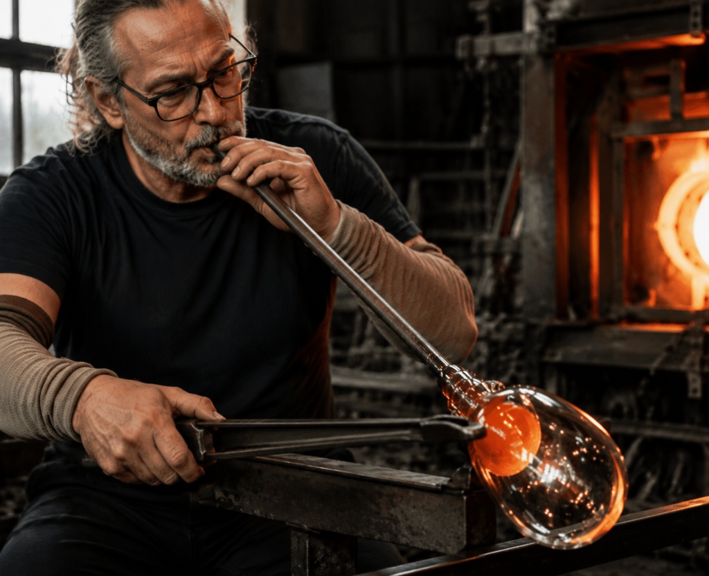 Artisan crafting handmade wine glasses using mouth-blown process