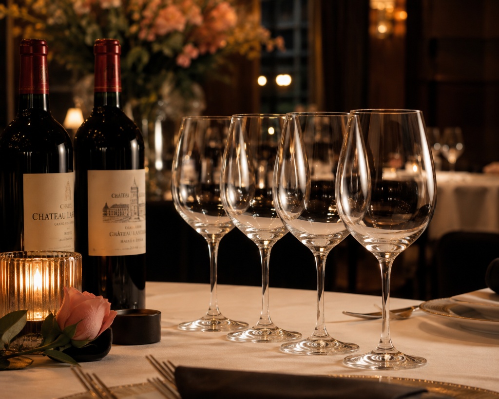 Crystal stemmed wine glasses set on a luxury fine dining table