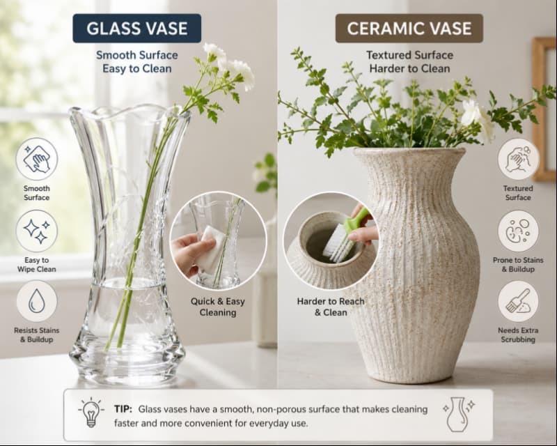 Easy-to-clean smooth glass vase compared to textured ceramic vase