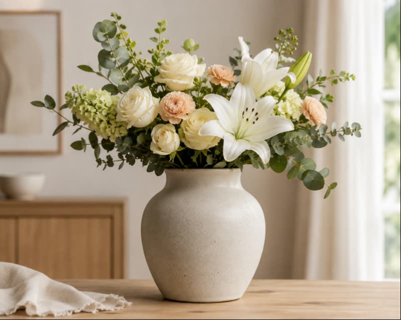 Elegant ceramic vase with matte glaze holding fresh flowers
