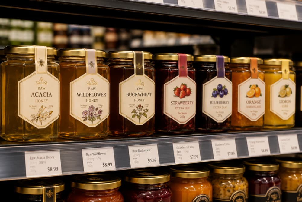 Glass Hex Jars on supermarket shelves