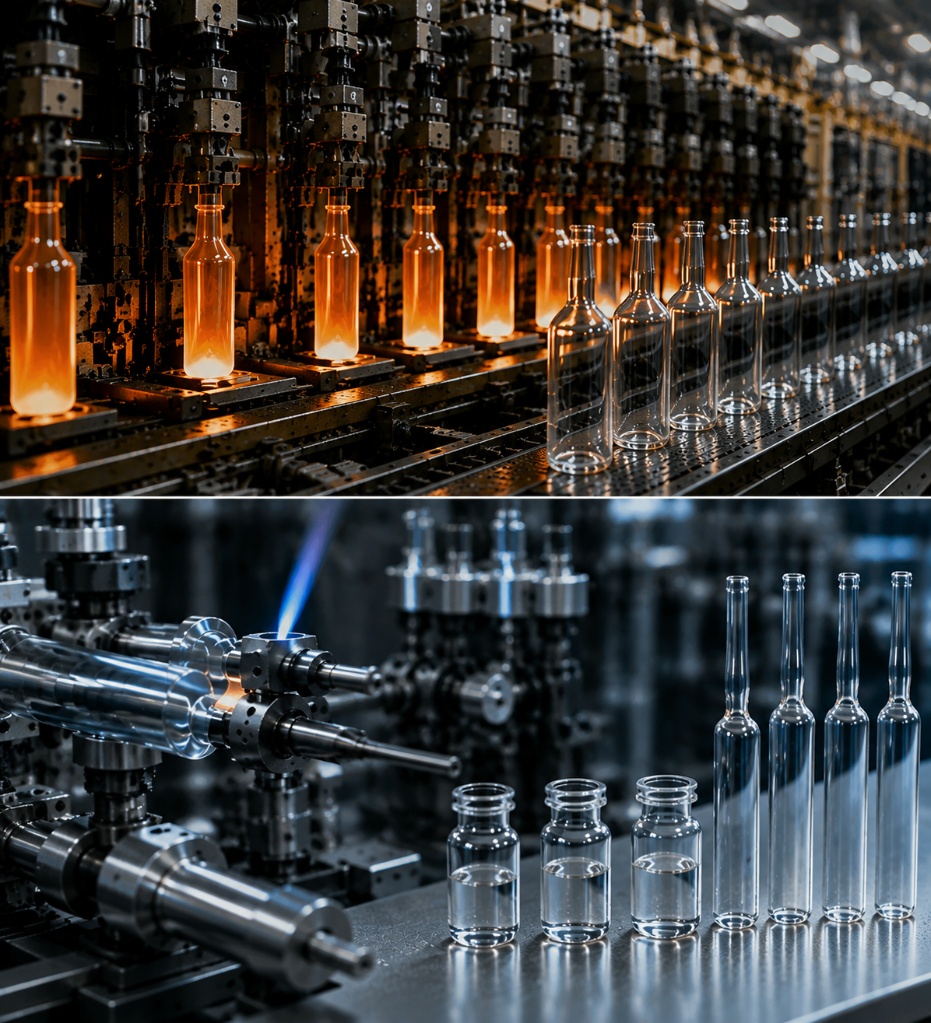 Glass Manufacturing Process Comparison IS Machine Blowing vs Tubular Glass Processing