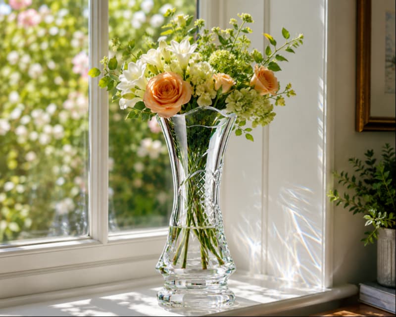 Glass vase on windowsill reflecting natural light with fresh flowers