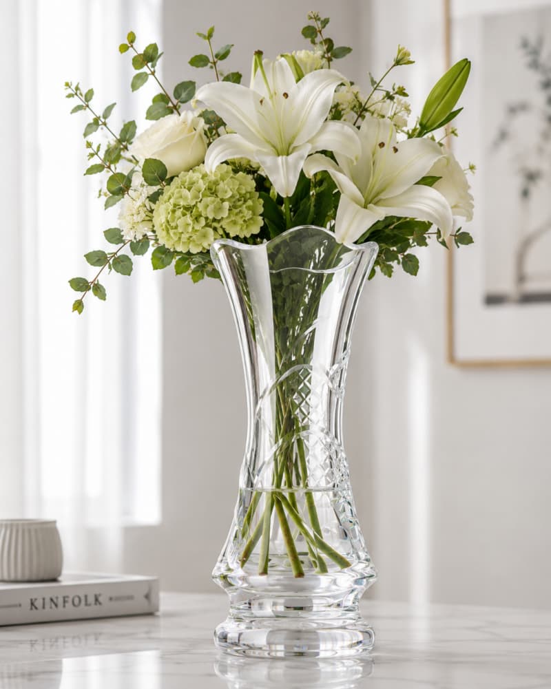Modern clear glass vase showcasing flower stems and water