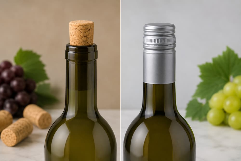 Natural cork vs screw cap wine bottle closure comparison