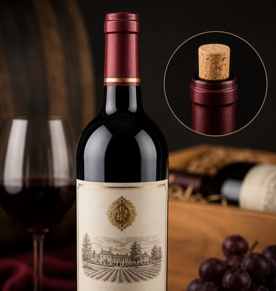 Premium wine bottle with natural cork and foil capsule