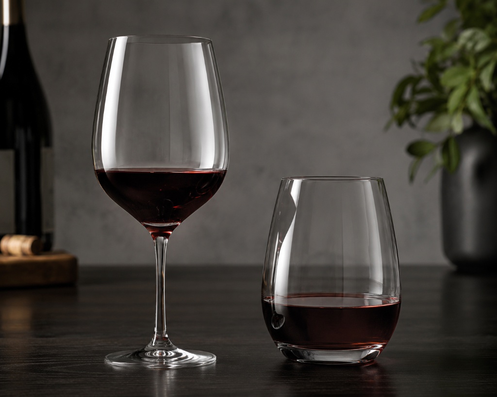 Stem vs stemless wine glasses side by side on a dark table