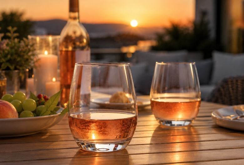 Stemless wine glasses with rosé on an outdoor patio table