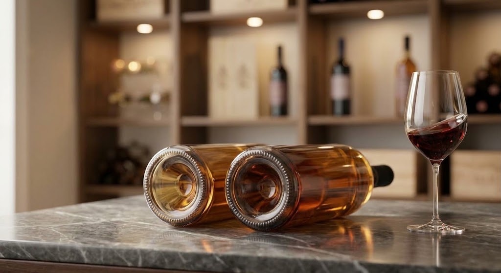 Amber glass bottles lying on table displaying deep wine bottle punt base