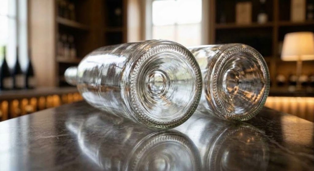Bottom view of various glass bottles with a deep wine bottle punt