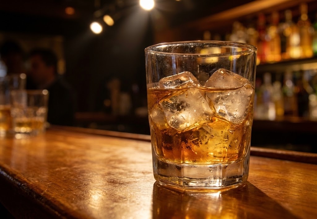Bourbon on the rocks in a heavy rocks glass comparing whiskey glass vs bourbon glass styles