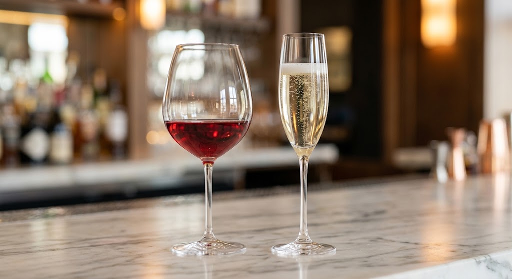 Champagne glass vs wine glass comparison on marble counter