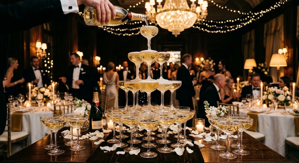 Champagne tower built with coupe champagne glasses