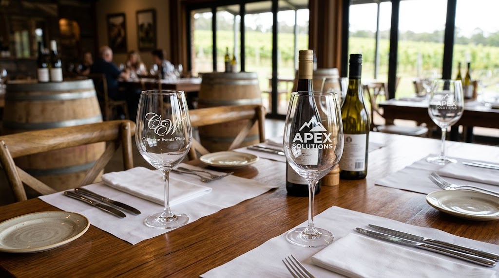 Custom engraved wine glasses with a winery or restaurant logo
