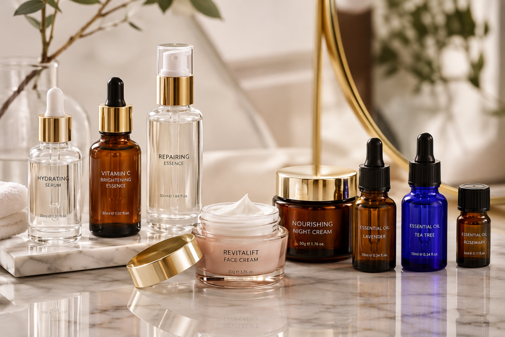 Custom glass bottles for cosmetics, serums, creams, and essential oils