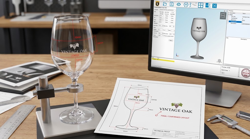 Custom wine glass engraving design with logo placement and artwork
