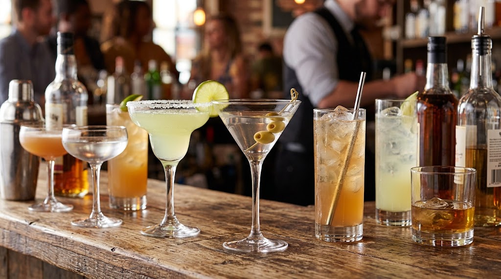 Different cocktail glasses including Martini, Margarita and Highball glasses