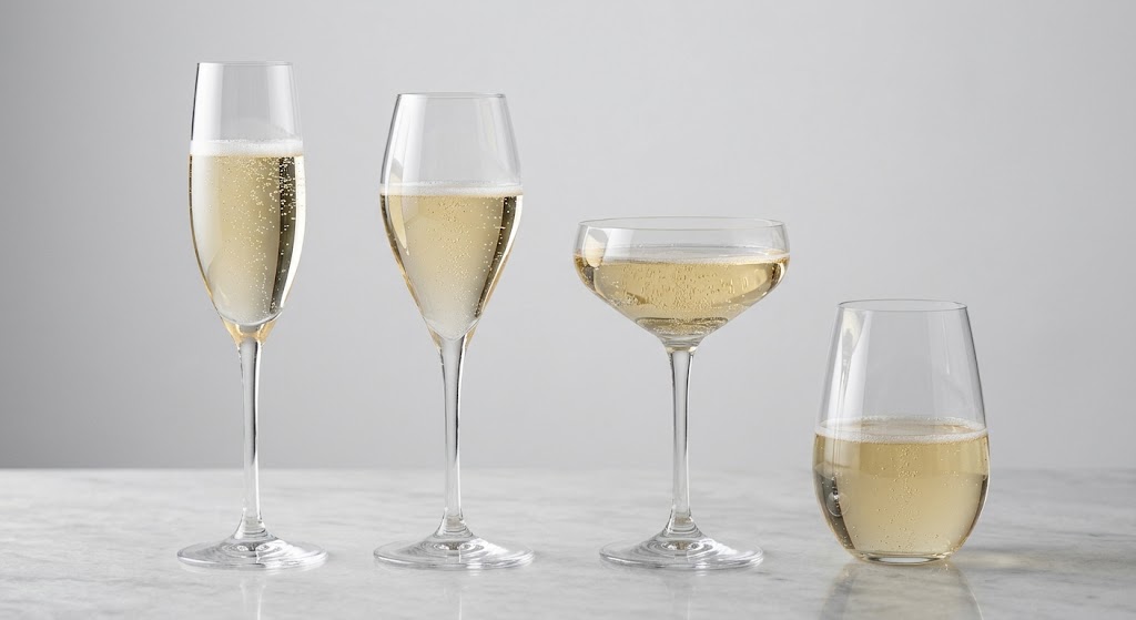 Different types of champagne glasses including flute tulip coupe