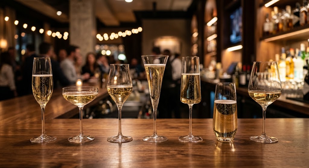 Different types of champagne glasses lined up on a bar
