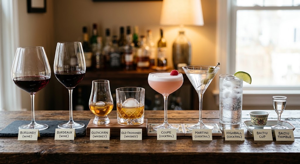 Different types of glasses for wine, whiskey, cocktails and Chinese Baijiu
