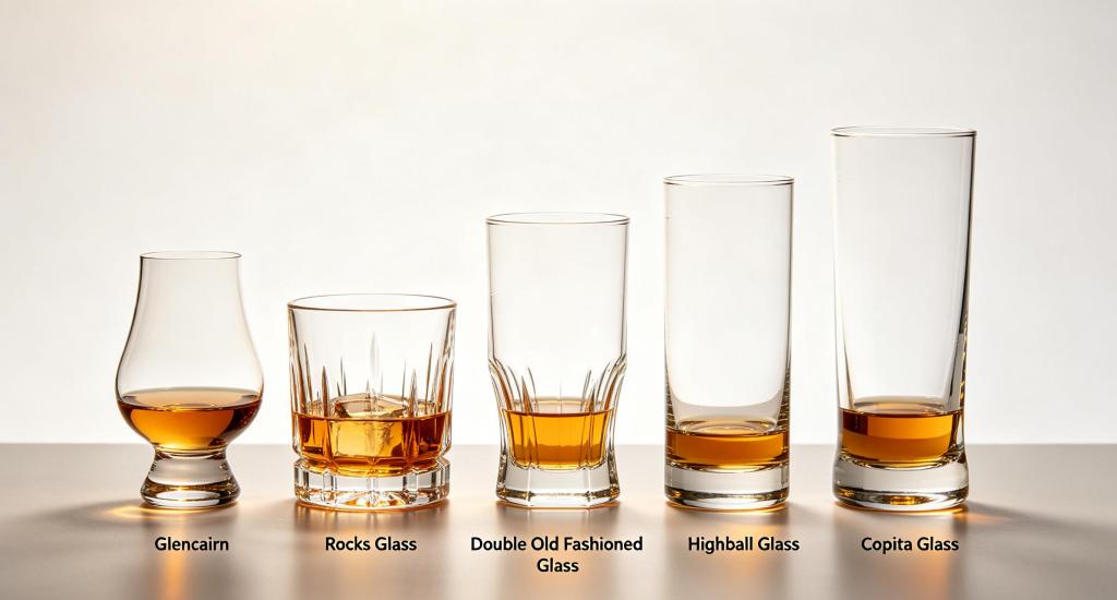 Different types of whiskey glasses including Glencairn, rocks and highball glasses