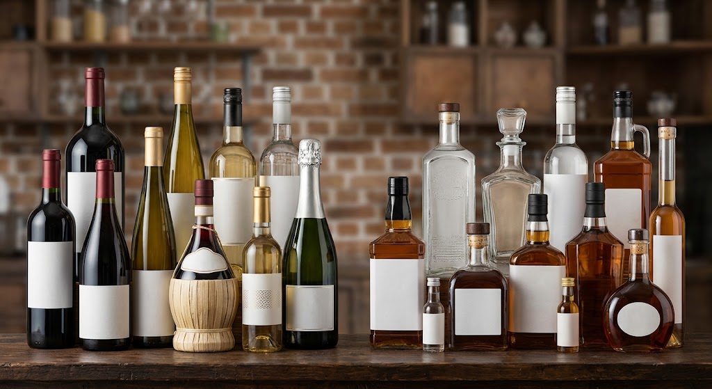 Different wine and liquor bottle shapes and sizes