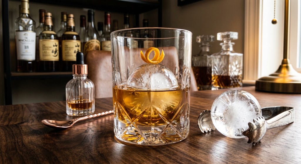 Double Old Fashioned whiskey glass with large ice sphere