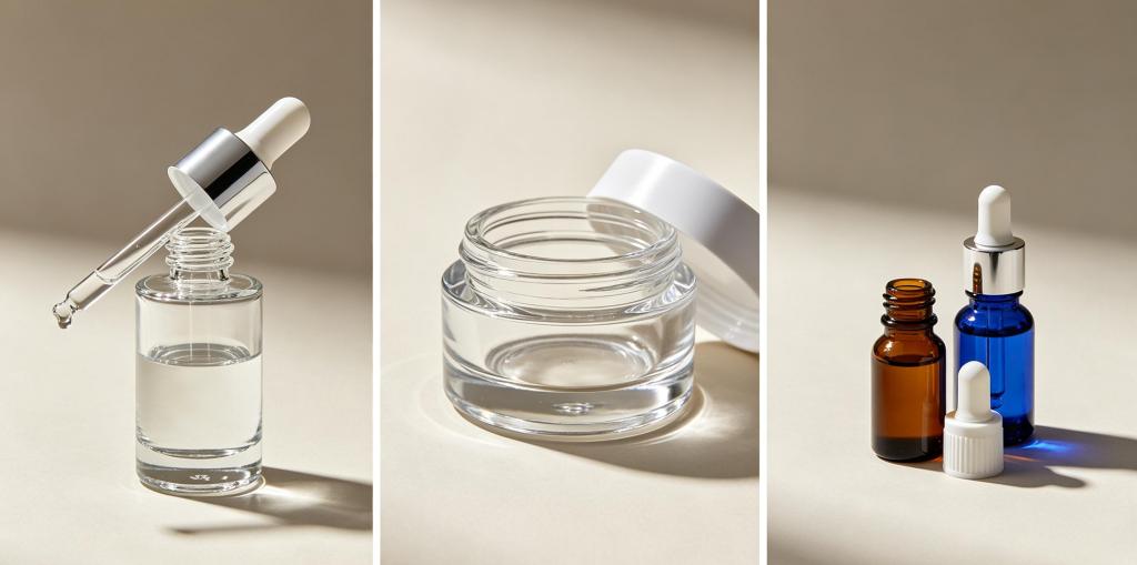 Glass packaging comparison for serum, cream, and essential oil products