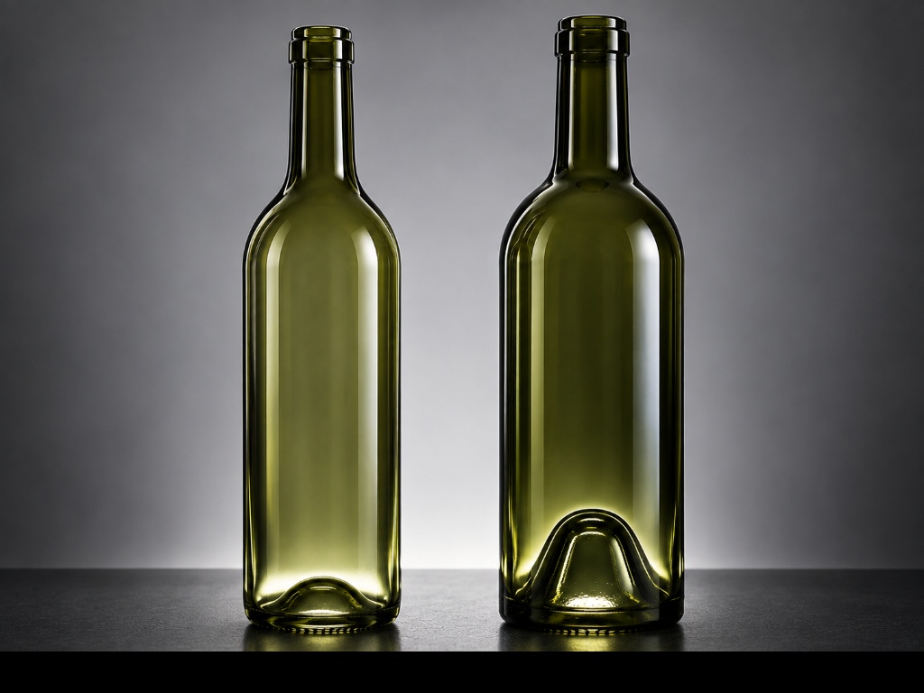 Lightweight vs heavy base wine bottle design comparison showcasing glass thickness and punt depth