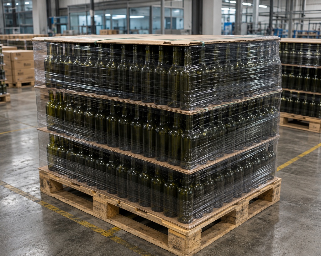 Palletized glass wine bottles ready for shipping and freight payload calculation