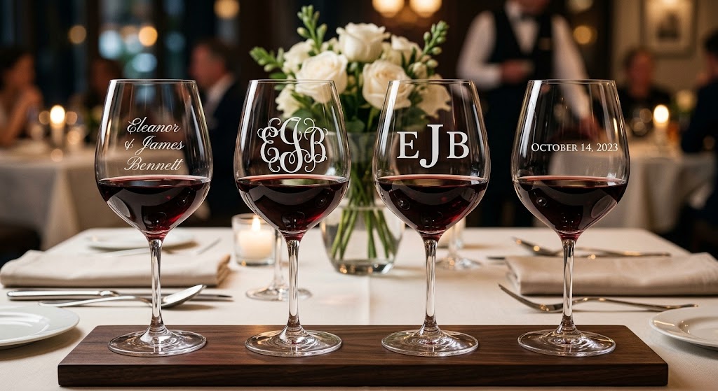 Personalized wine glasses with names, initials, dates, and monograms