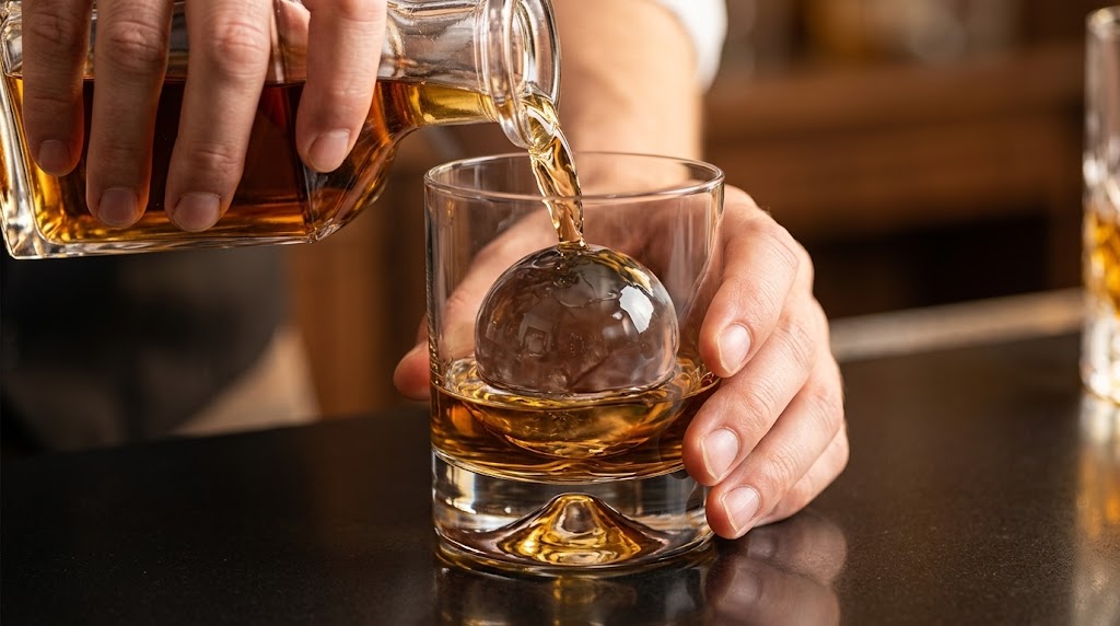 Pouring bourbon over a round ice sphere in a heavy base rocks glass