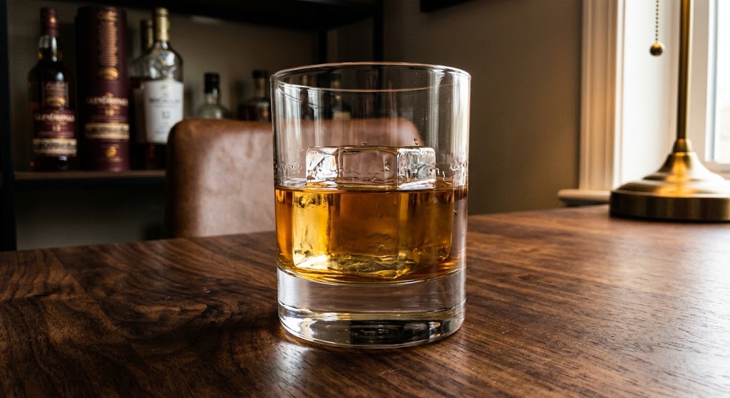 Rocks glass with whiskey and a large ice cube