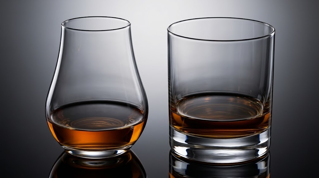 Side-by-side comparison of open rim rocks glass and tapered nosing glass