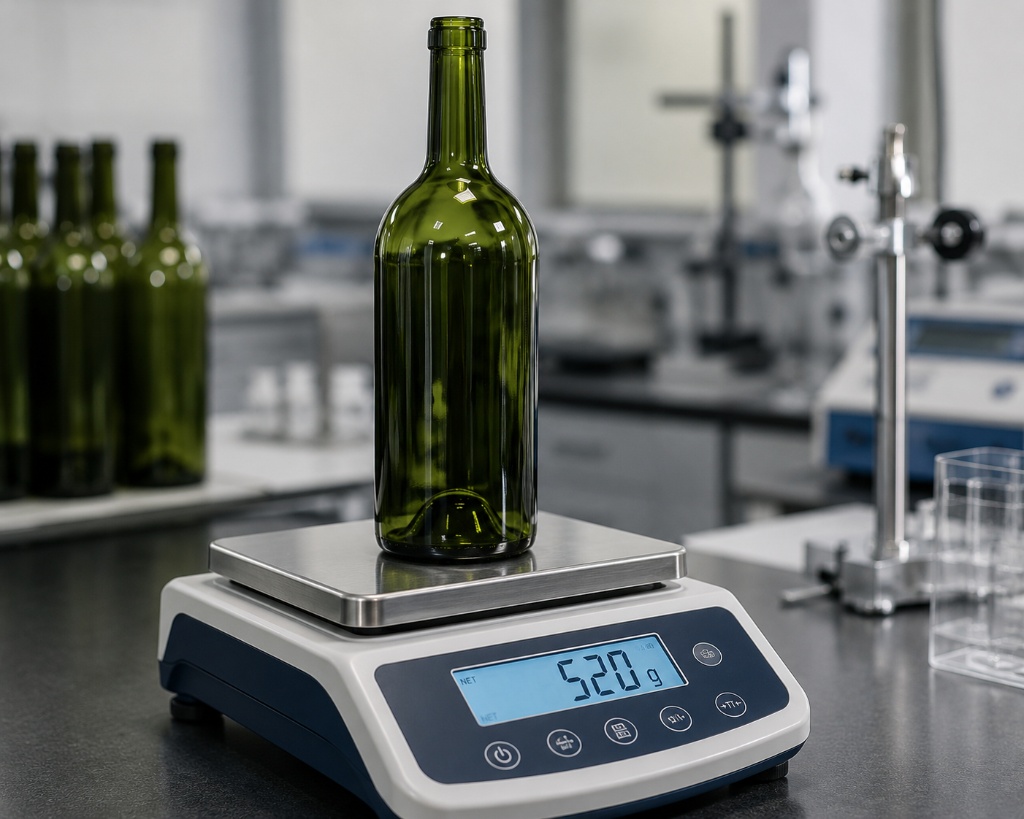 Weighing a standard 750 ml glass wine bottle on a digital scale to check full weight range