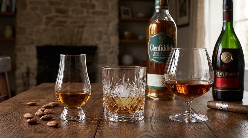 Whiskey glass, rocks glass and snifter glass for spirits