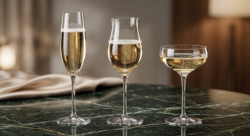 Different types of champagne glasses and bubble display
